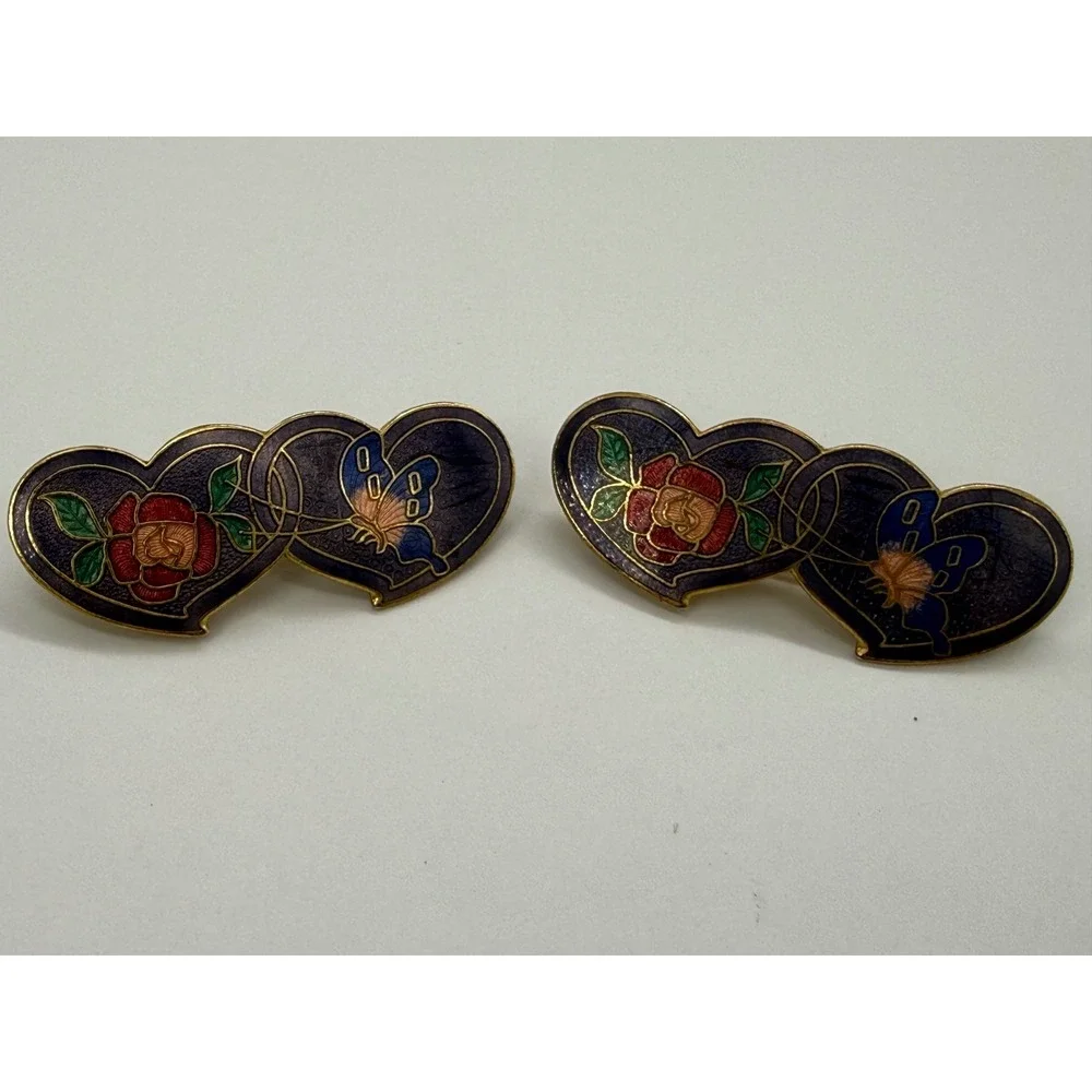 Vintage Cloisonne Enamel Double Heart Hair Barrettes Clips Butterfly Purple Gold